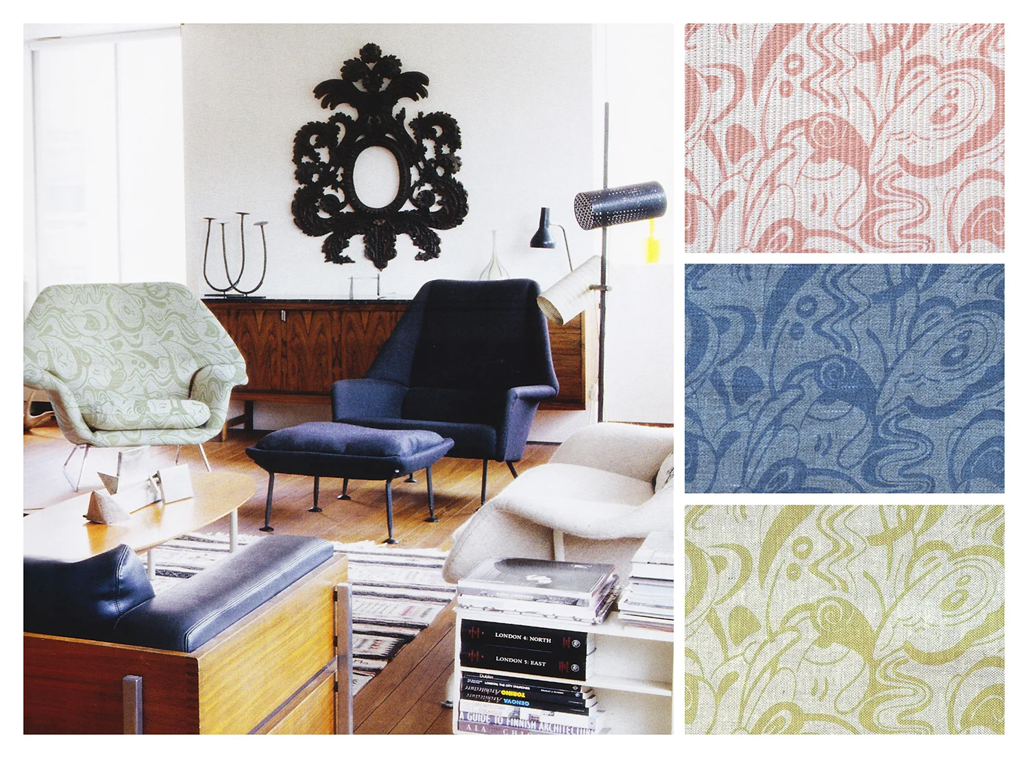 RIVER Shown in room, with details and colorways, hand screen-printed on upholstery-weight fabric