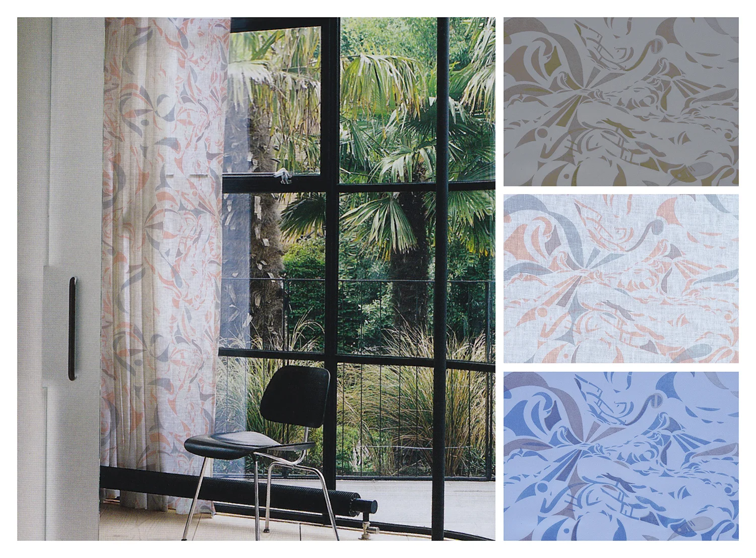 SEA Shown in room, with details and colorways, hand screen-printed on light-weight fabric