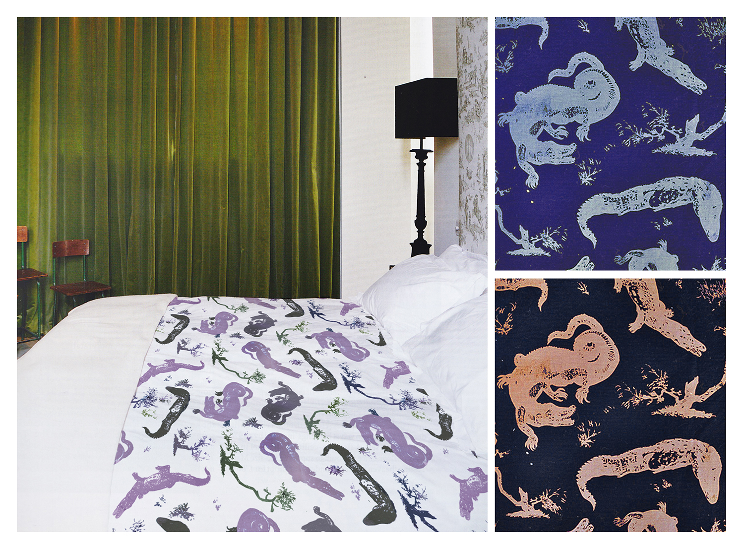    SWAMP TOILE   Shown in room, with details and colorways, hand&nbsp;screen-printed on mid-weight fabric 