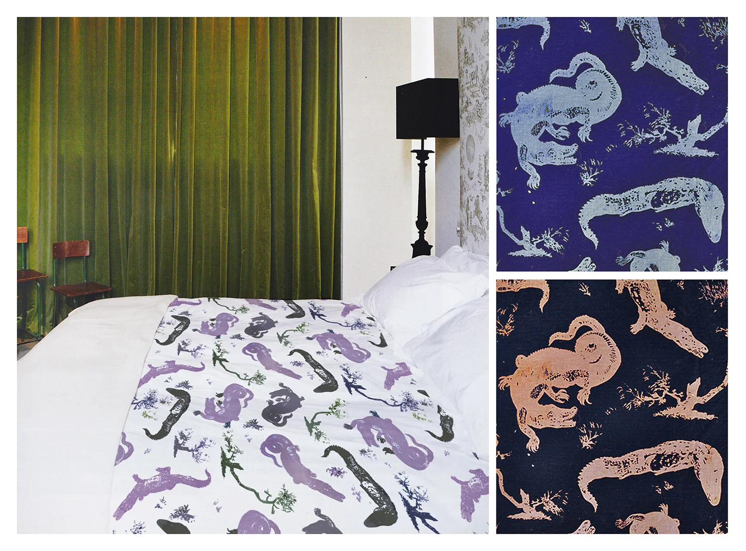 SWAMP TOILE Shown in room, with details and colorways, hand screen-printed on mid-weight fabric