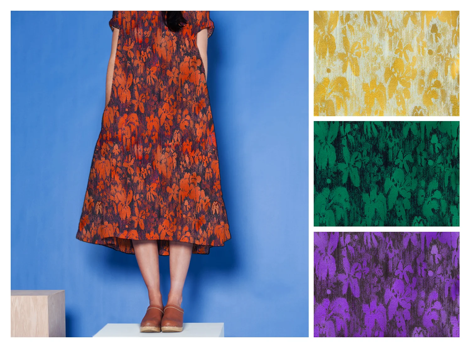 MOSY Shown on dress, with details and color ways, hand-painted with gouache