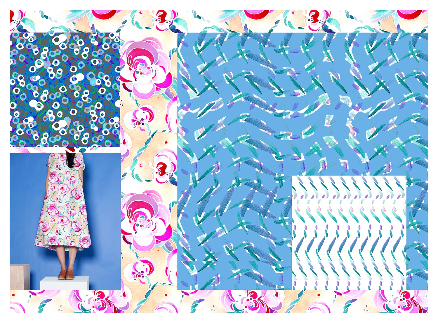 SKIP TO MY LOU COLLECTION Lead pattern seen on dress, with details and coordinate swatches, hand-painted and digitally altered