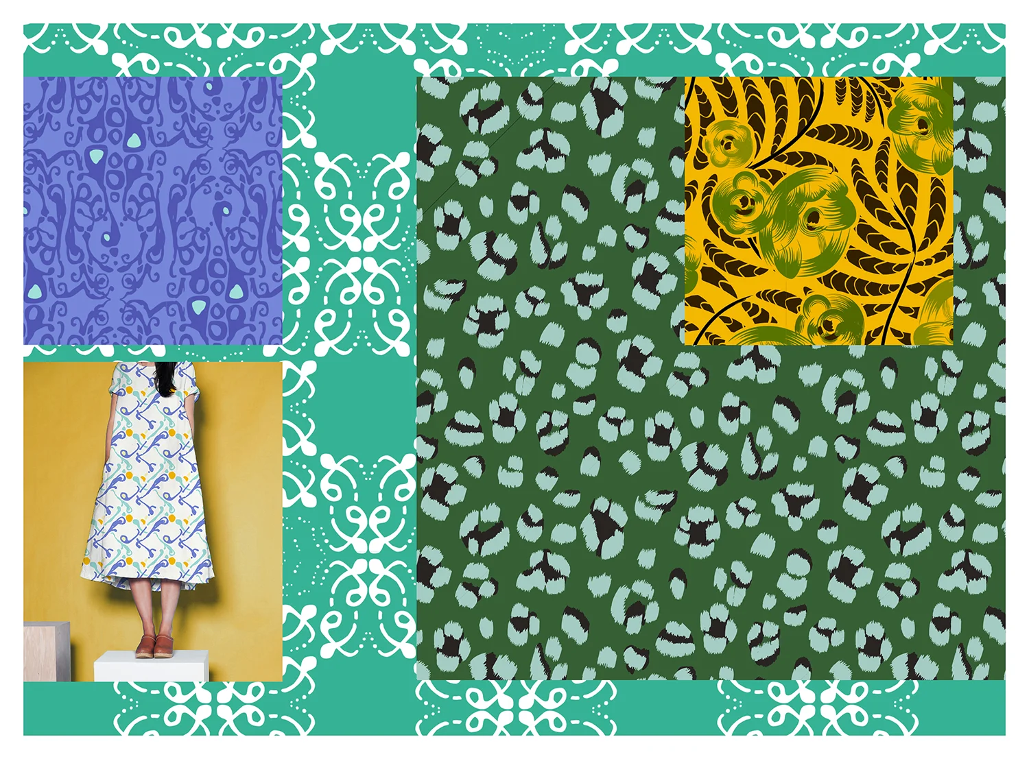 MADELINE COLLECTION Lead pattern seen on dress, with details and coordinate swatches, drawn digitally