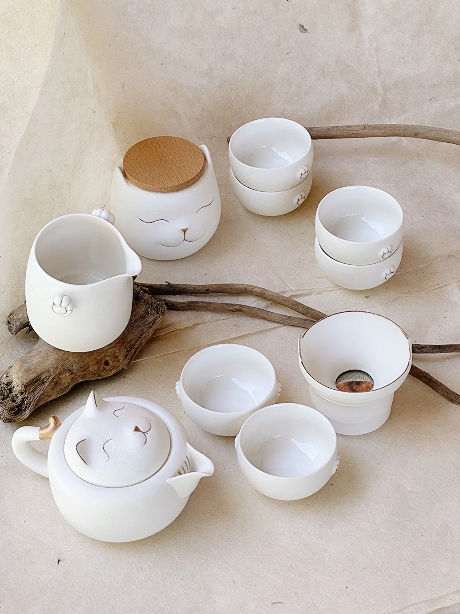 猫咪白瓷茶具套装 - 10件