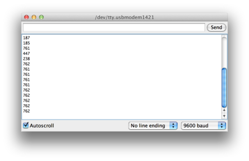 Screenshot of the serial monitor in Arduino, the numbers it is parsing is the range of dust particles in the air, thus where you see the jump to the 700s is where it detected the most pollution.