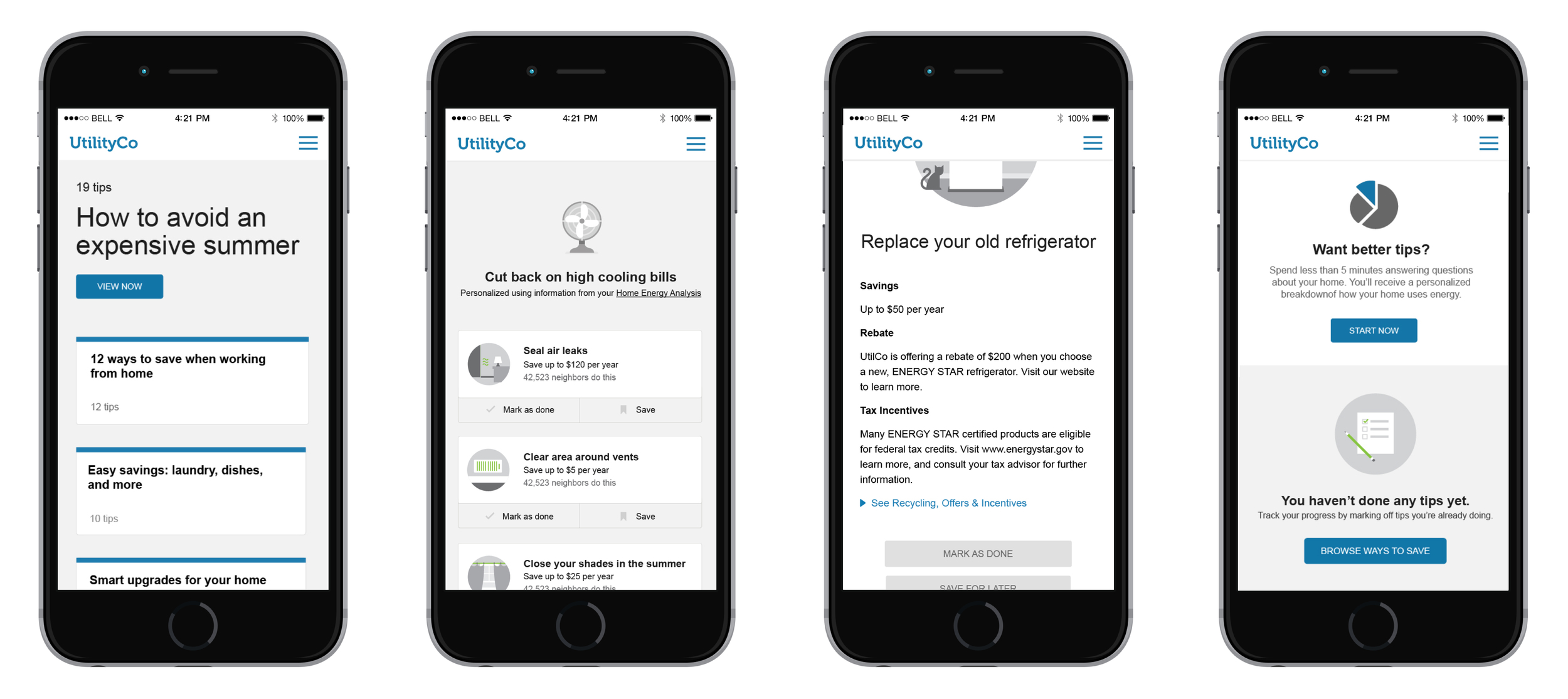 Final designs on mobile. From left to right: Home screen, Guide list, Individual tip, My Plan