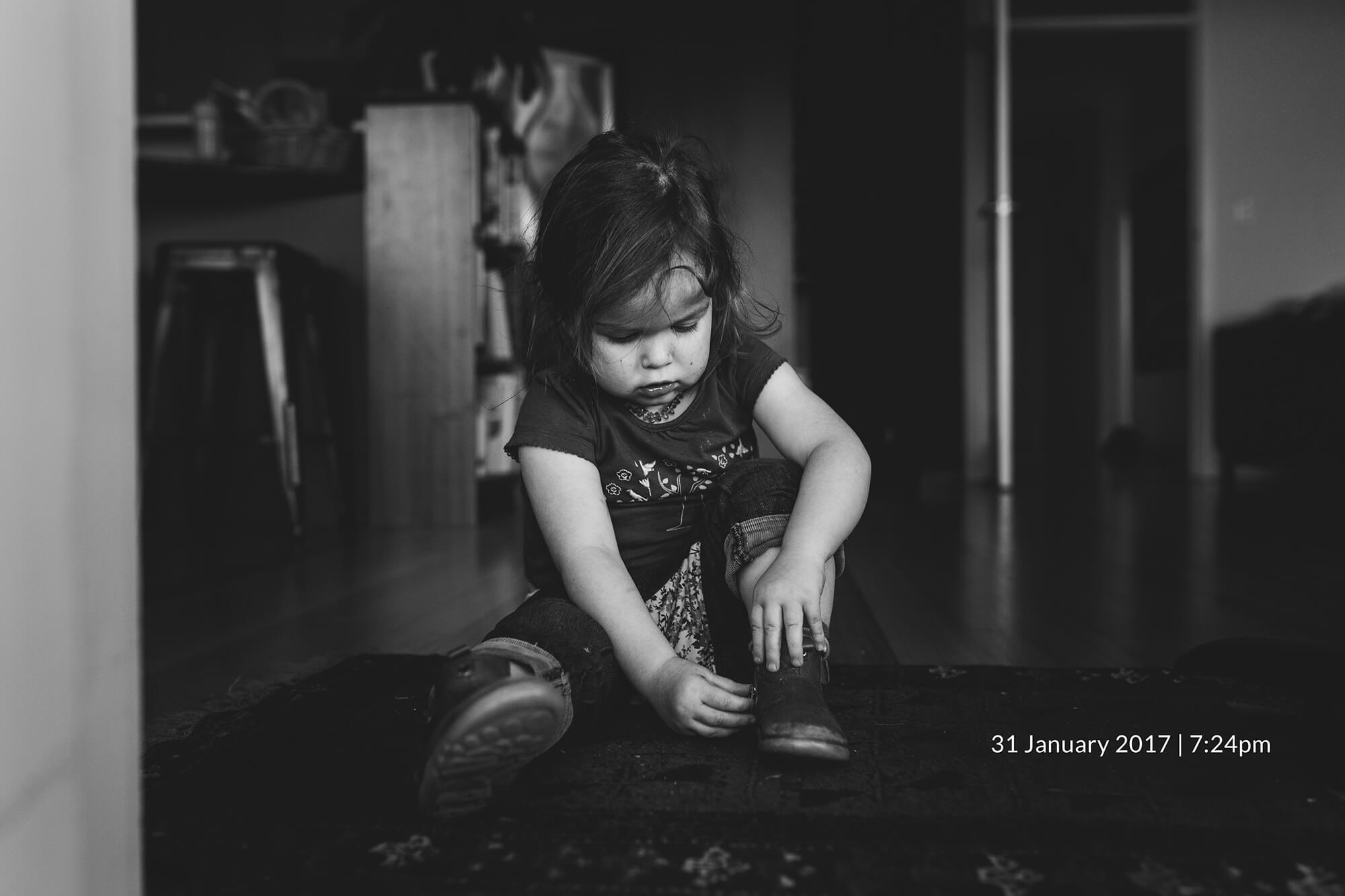 Melbourne family photography. Black and white lifestyle photo of a toddler.