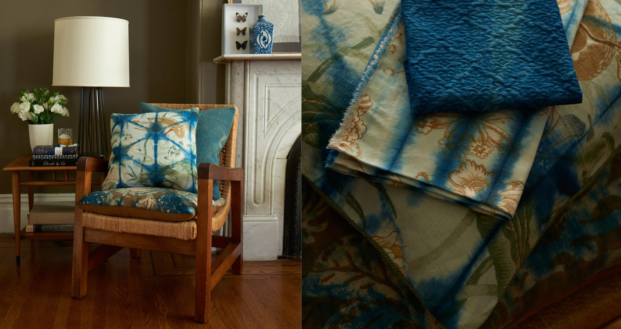 Custom Pillows - An original collection of overdyed throw pillows using traditional indigo dye techniques over found and vintage fabrics.