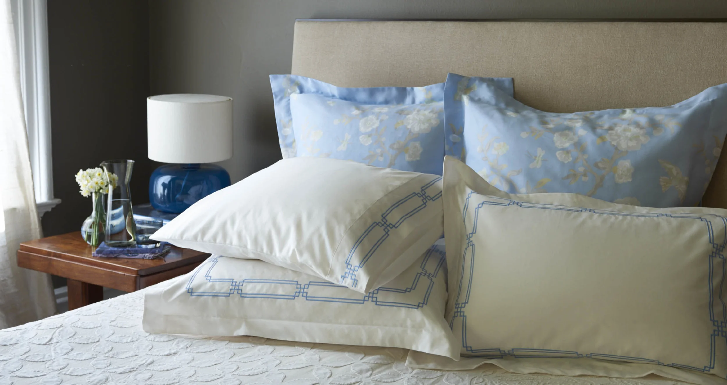 Gump's San Francisco - A coordinated collection including an oversized engineered print, embroidery and quilt, inspired by an antique textile document.