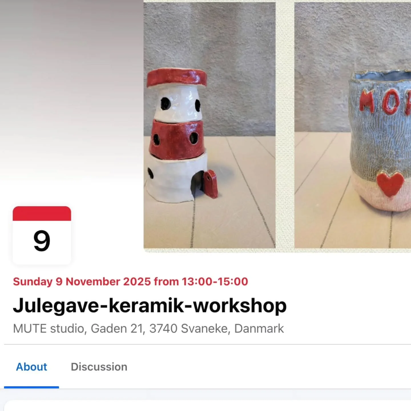 Kunne du t&aelig;nke dig at lave en personlig julegave i keramik? S&aring; er du velkommen til denne julegave-workshop 🎄😊🎄

Workshoppen finder sted i MUTE studio d. 9. november kl. 13-15. P&aring; denne workshop vil det v&aelig;re muligt fx at lav