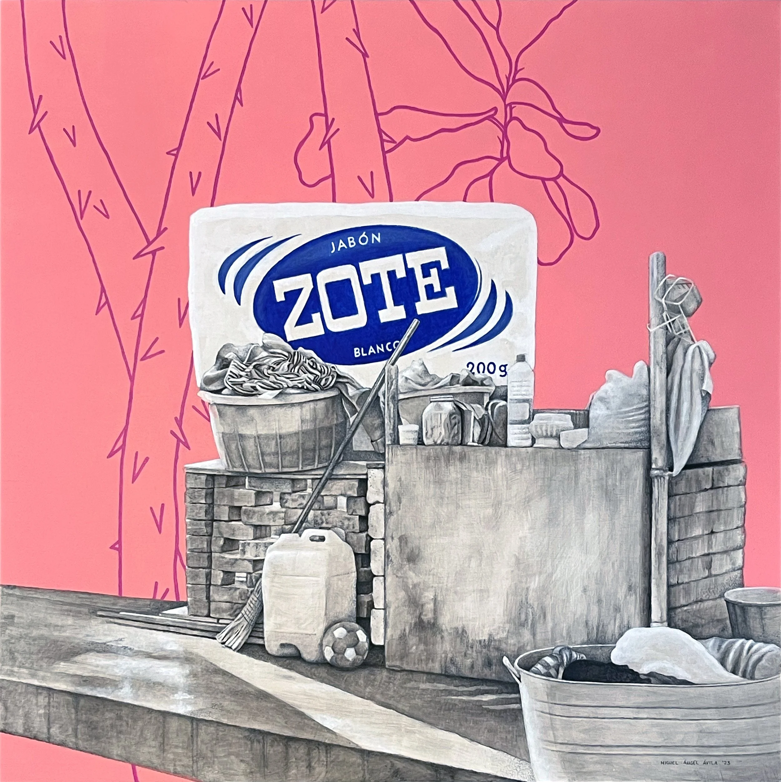 Untitled (jabonZOTE in pink) / Acrylic and graphite on wood panel / 24x24in / 2023 / ©Miguel Avila