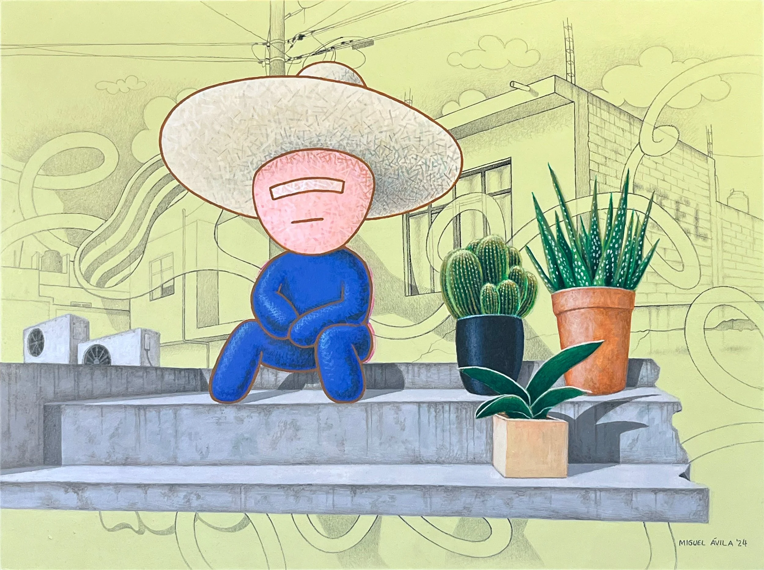 Untitled (Con cielo aguacate) / Acrylic, graphite and ink on wood panel / 12x16in / 2024 / ©Miguel Avila / Private collection