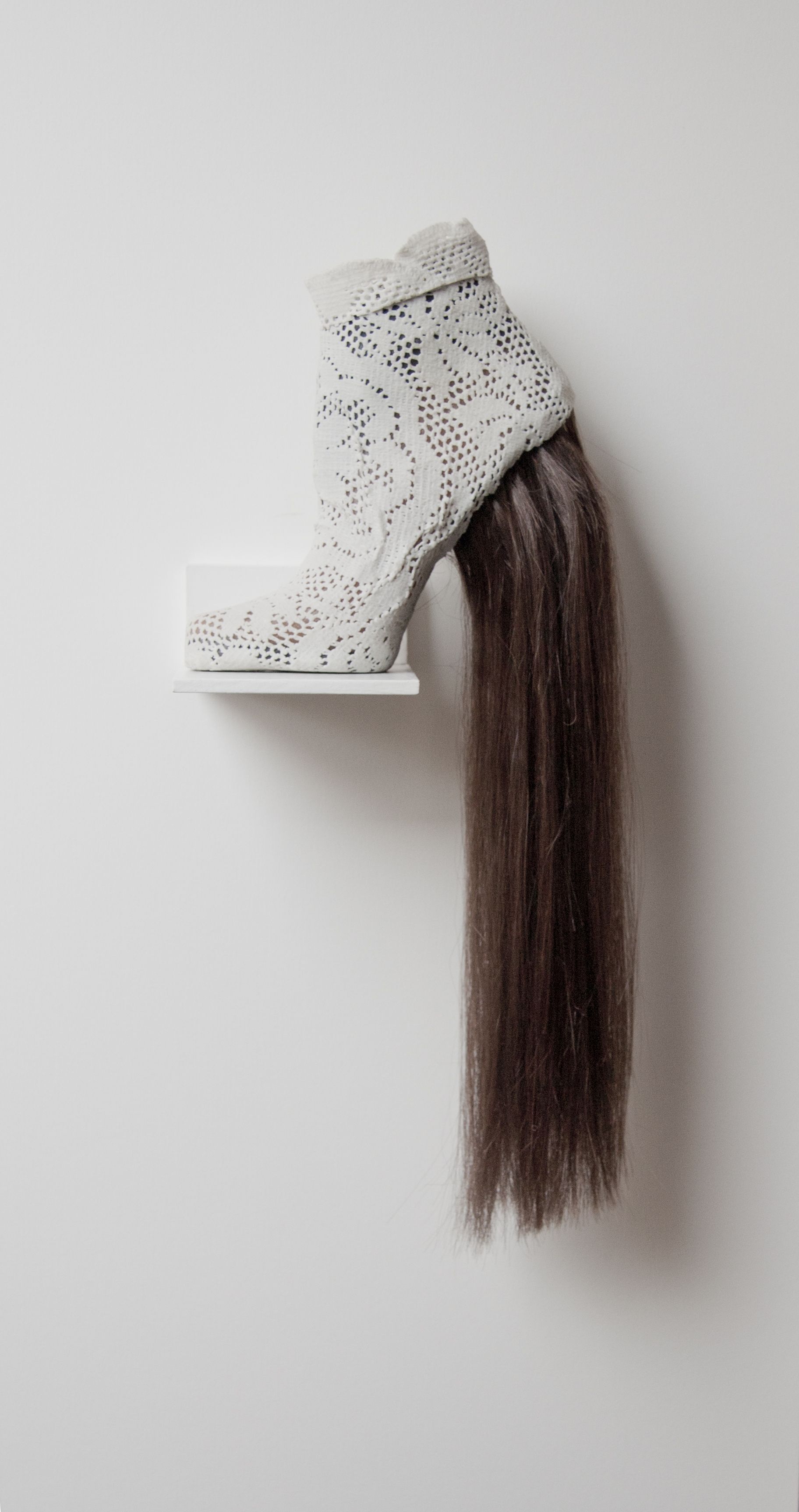 Pony from a Different Tale Encaustic, crochet, wig hair, 2.5”w x 18”h x 7.5”d