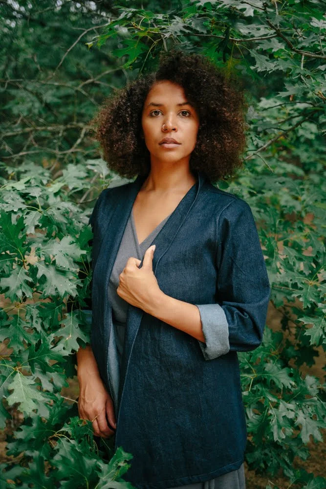 Our Denim Kimono Jacket uses organic cotton from Rawganique. Pictured in Indigo