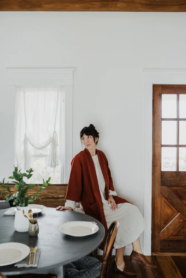 Morgan wears_ Garden Dress + Alpine Cardigan