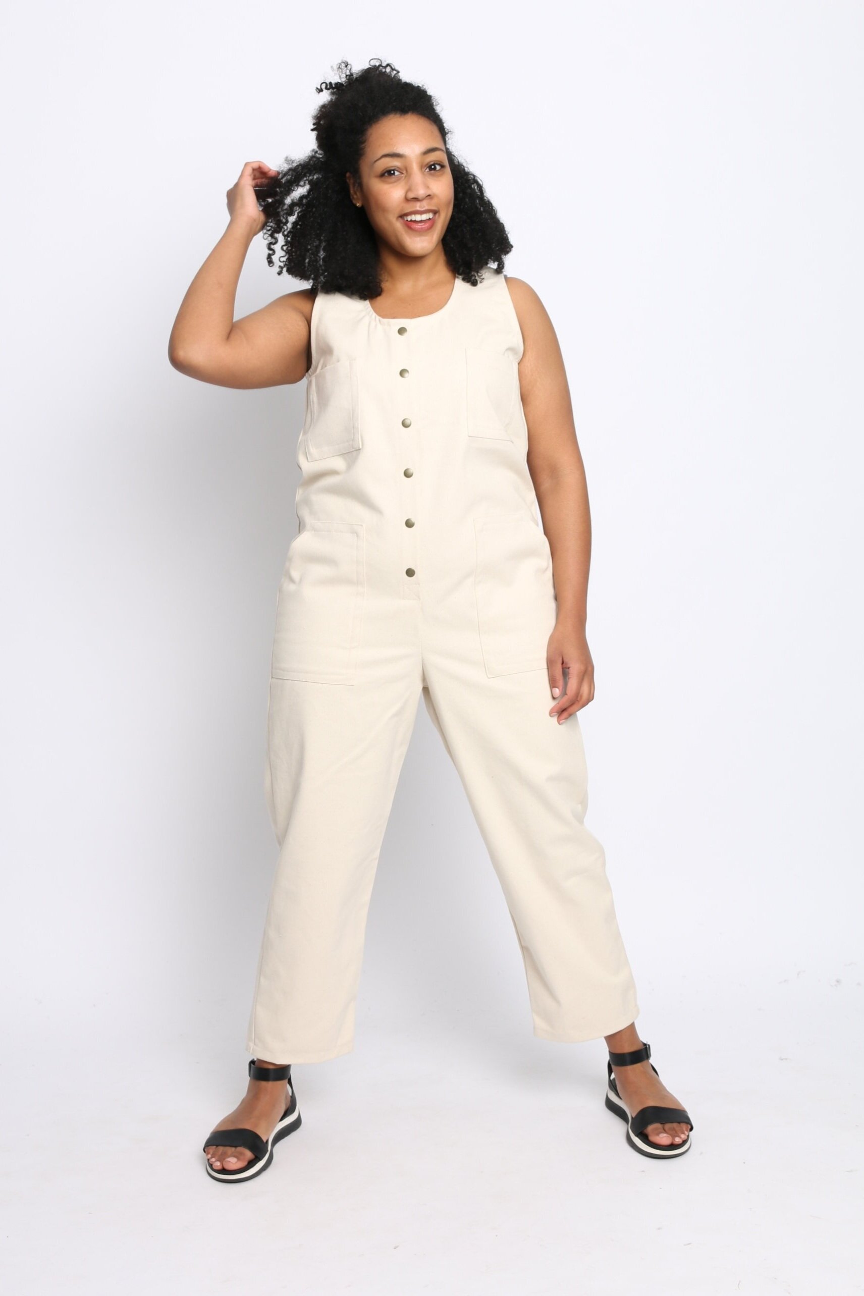 Rebel Jumpsuit - Now available in Natural organic denim and Melon Canvas! Snap up the front and go to town in this durable and adorable jumpsuit.
