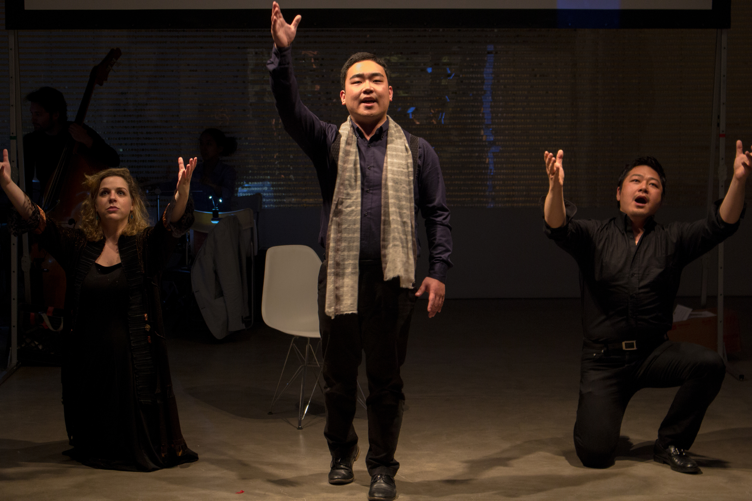 Photo credit: Jose Lara. (From left to right) Liana Guberman as Lia , SungWook Kim as Azael, and Dongkyu Oh as Simeon in L'Enfant Prodigue. 