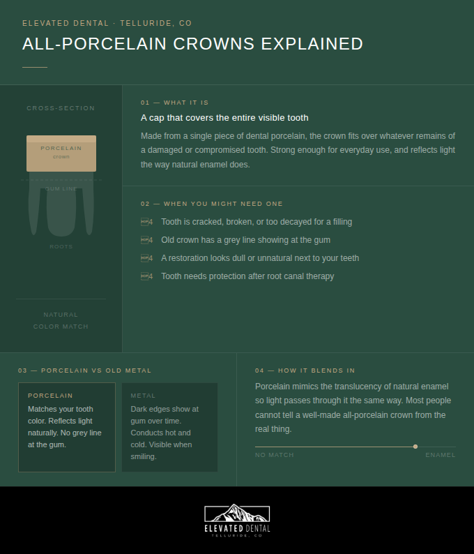 Infographic from Elevated Dental explaining porcelain crowns, including cross-section and comparison with metal crowns.