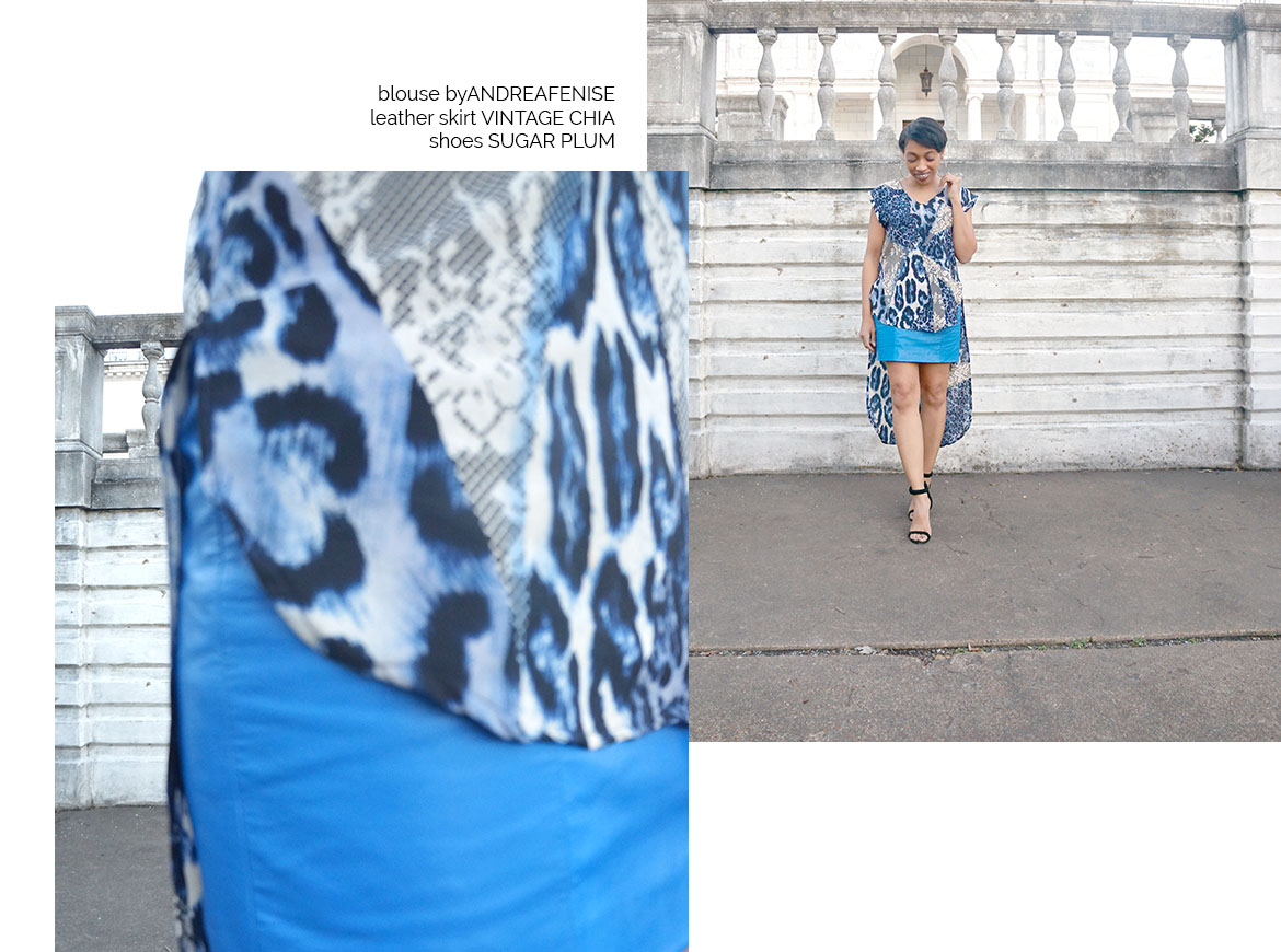 Andrea Fenise Memphis Fashion Blogger styles a vintage blue leather chia skirt