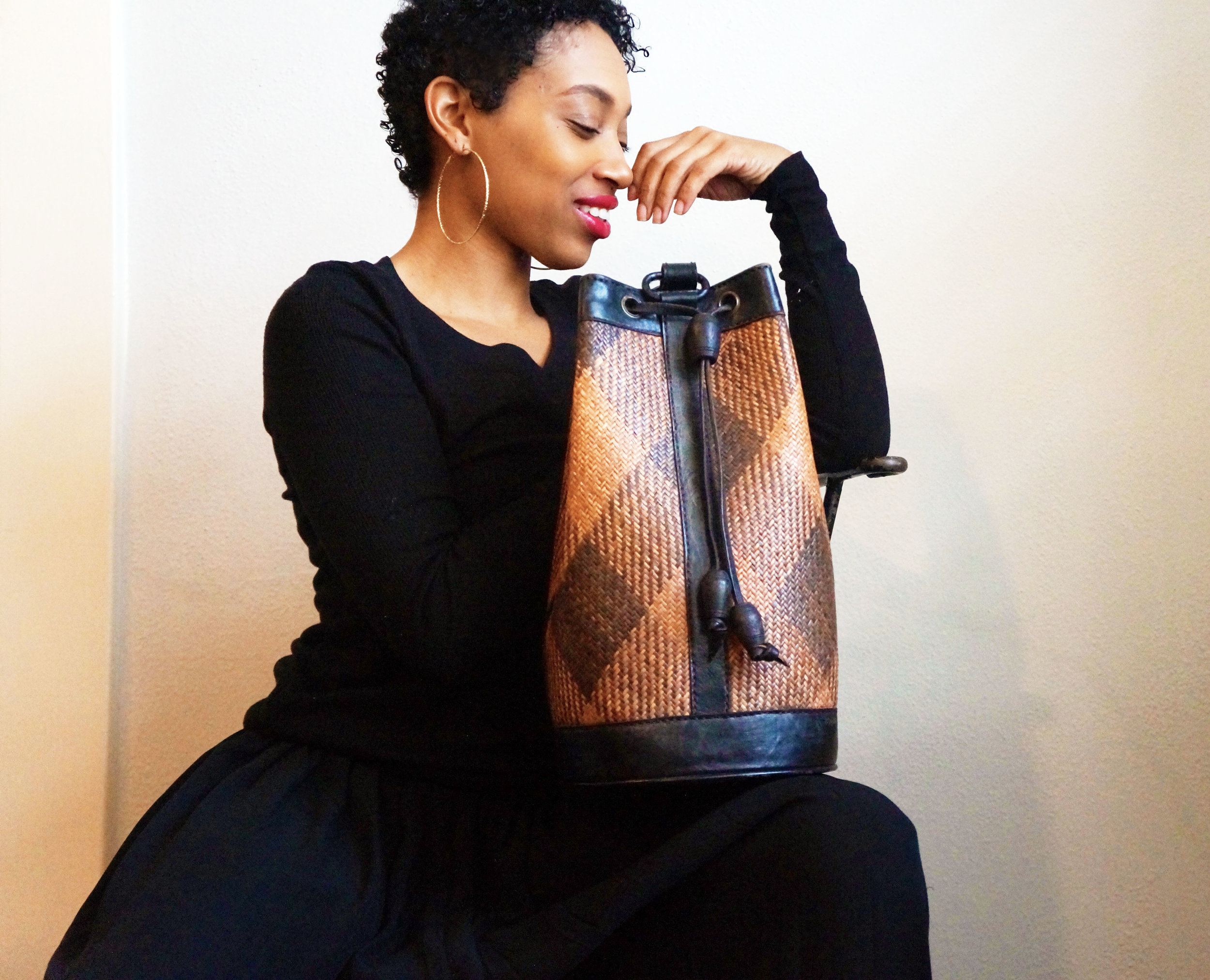 Andrea Fenise Memphis Fashion Blogger styles a vintage african bucket bag from Found Studio Memphis 