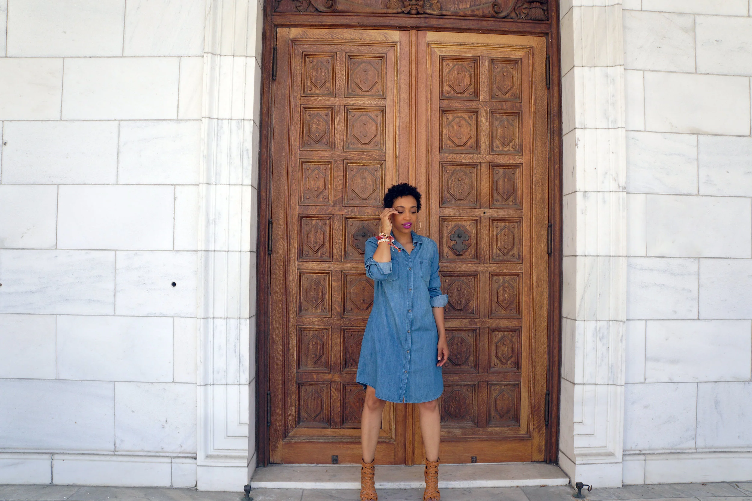 Andrea Fenise Memphis Fashion Blogger styles a denim shirt dress