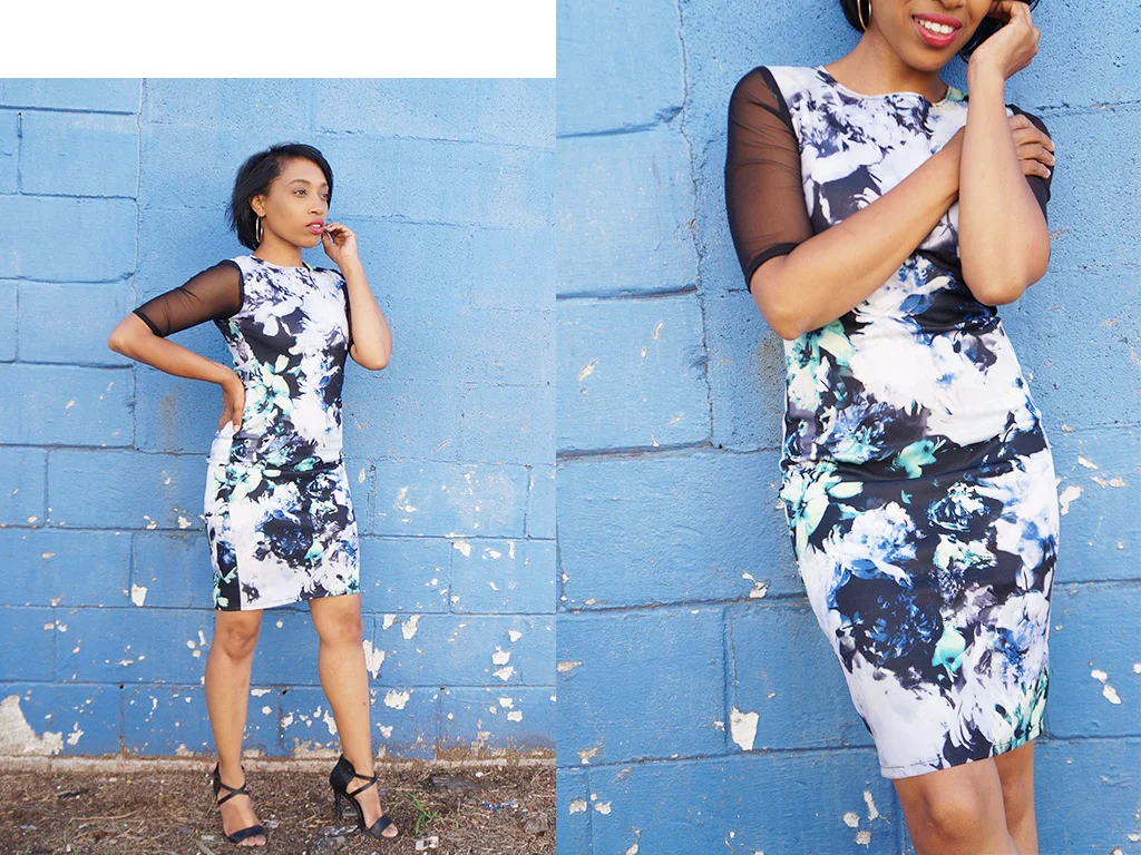 Andrea Fenise Memphis Fashion Blogger shares blue and black floral mesh bodycon dress