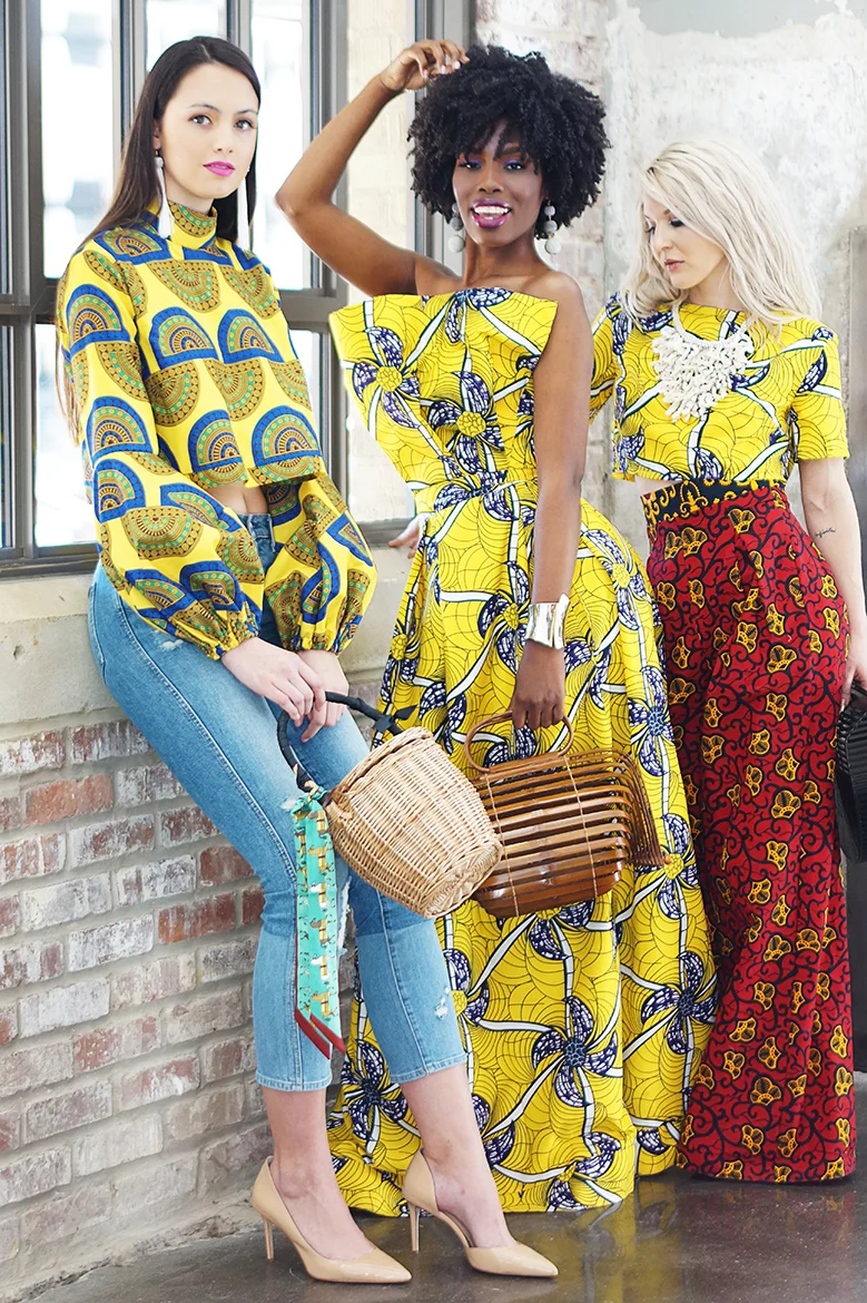 from left on Grace ; Tanganika by Tangie top; Style Junkie earrings; Cheryl Pesce wicker bag; middle on Asia ; T anganika by Tangie dress; Style Junkie earrings + bracelet; Cheryl Pesce bamboo bag; right on Jennifer Tanganika by Tangie top + pants Cheryl Pesce necklace + bag