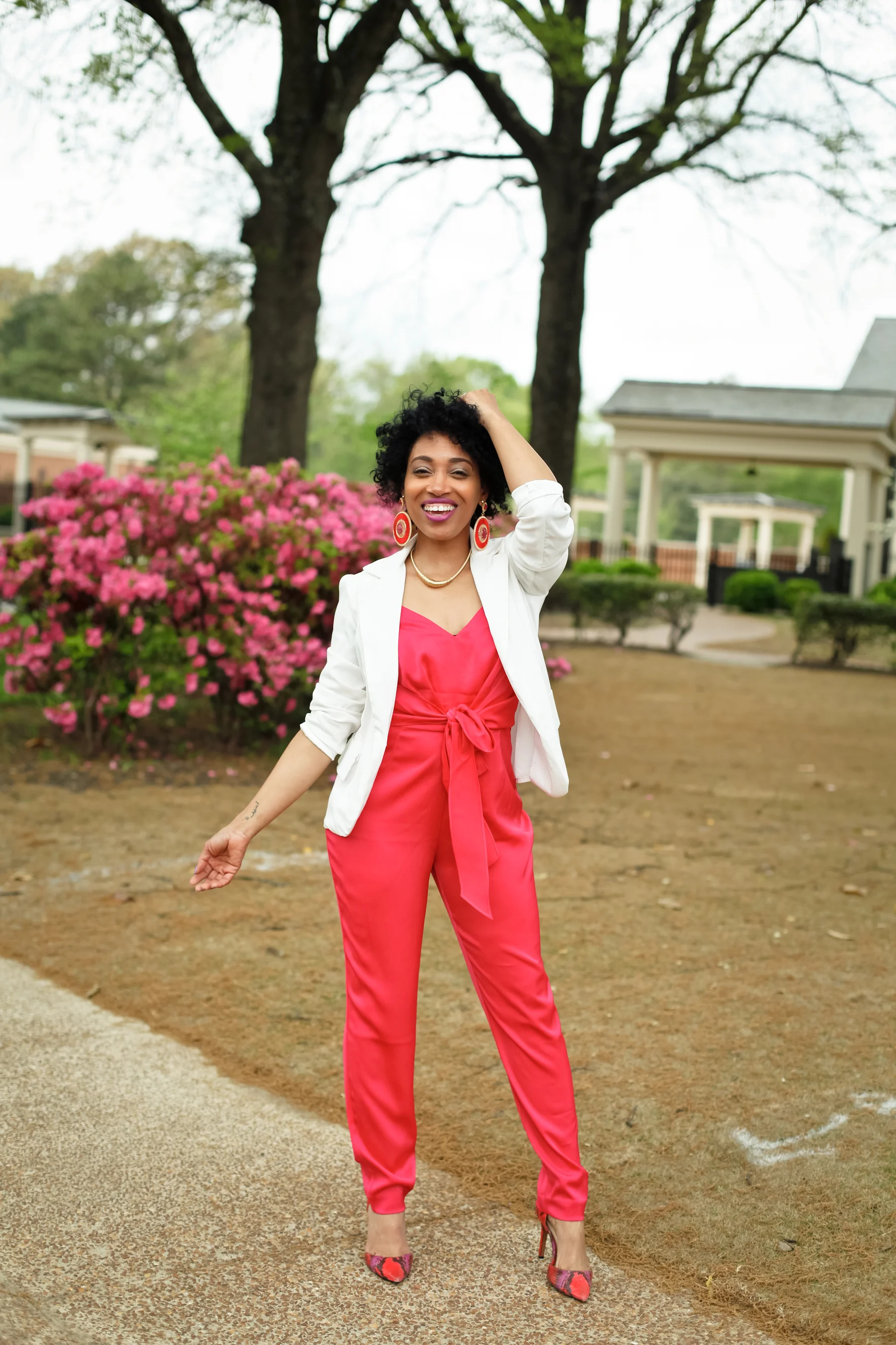 Andrea Fenise Memphis Fashion Blogger styles a white blazer with Rachel Roy Jumpsuit