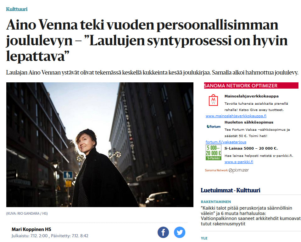 Amazing singer-songwriter Aino Venna wore KATIVEE's headband in Helsingin Sanomat. She was interviewed about the music an her new Christmas album. Definitely have to listen to it!
