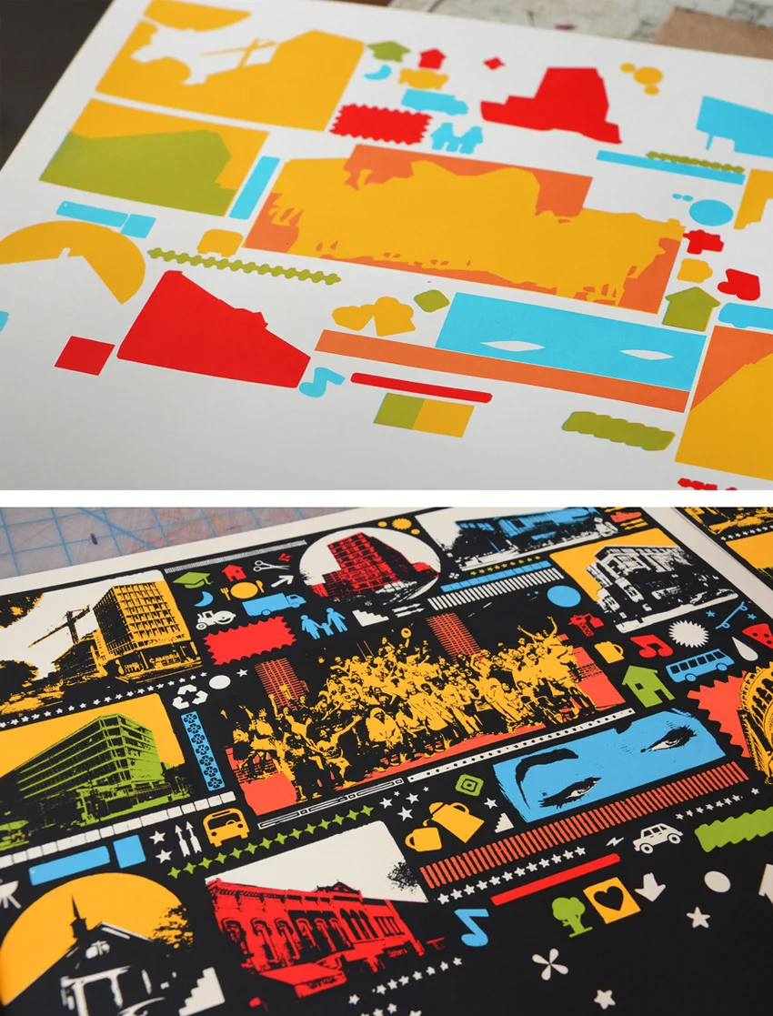 Before and after screenprinting the final color, black