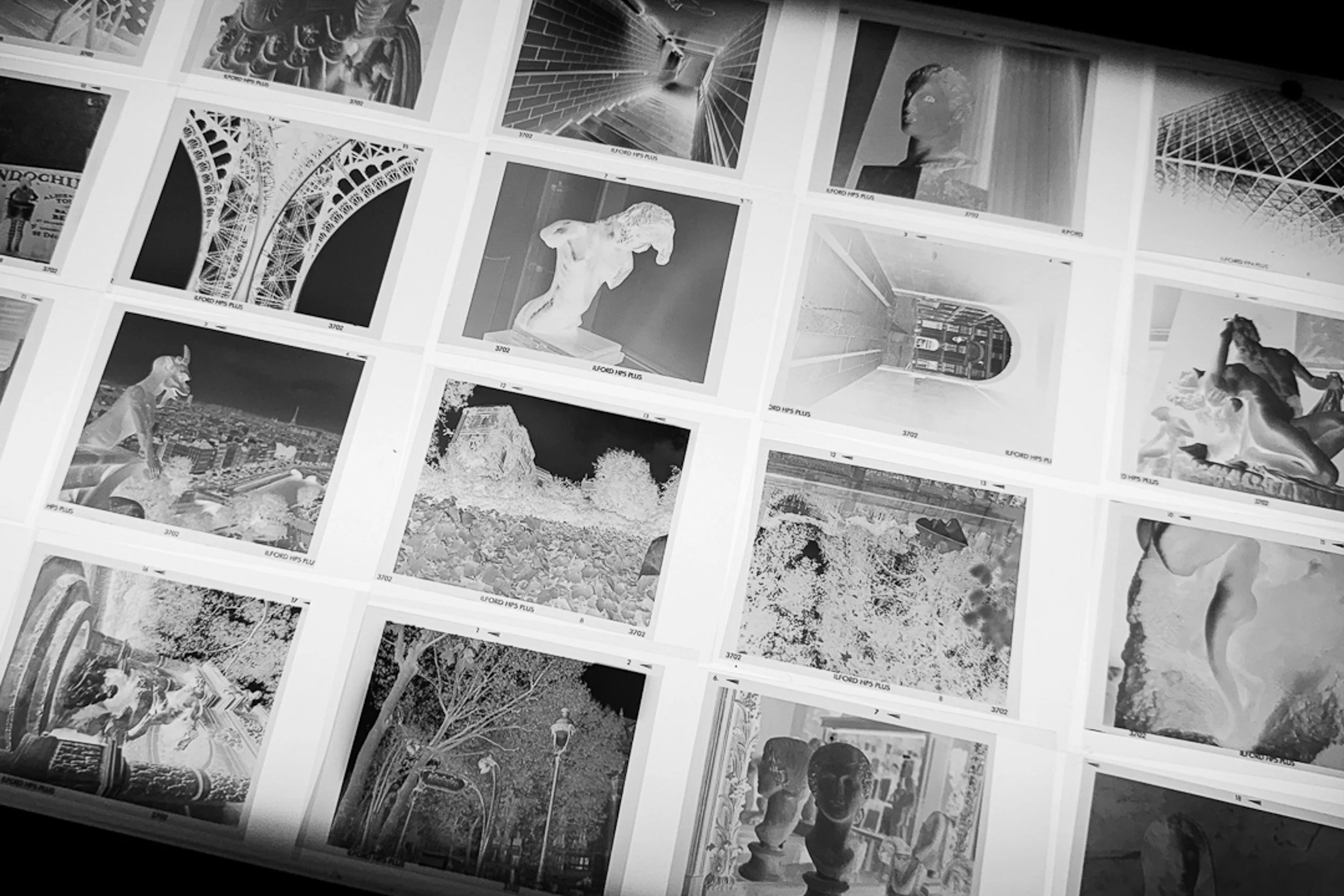 Photograph of medium-format negatives on a light table, Paris.