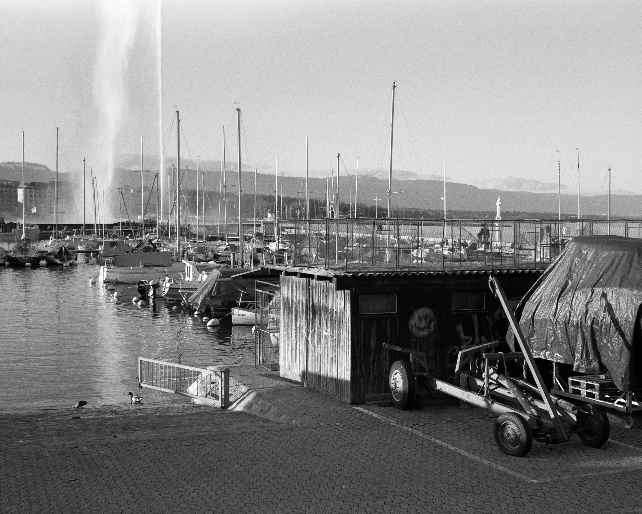 Black-and-white street photograph of a marina, Lausanne.
