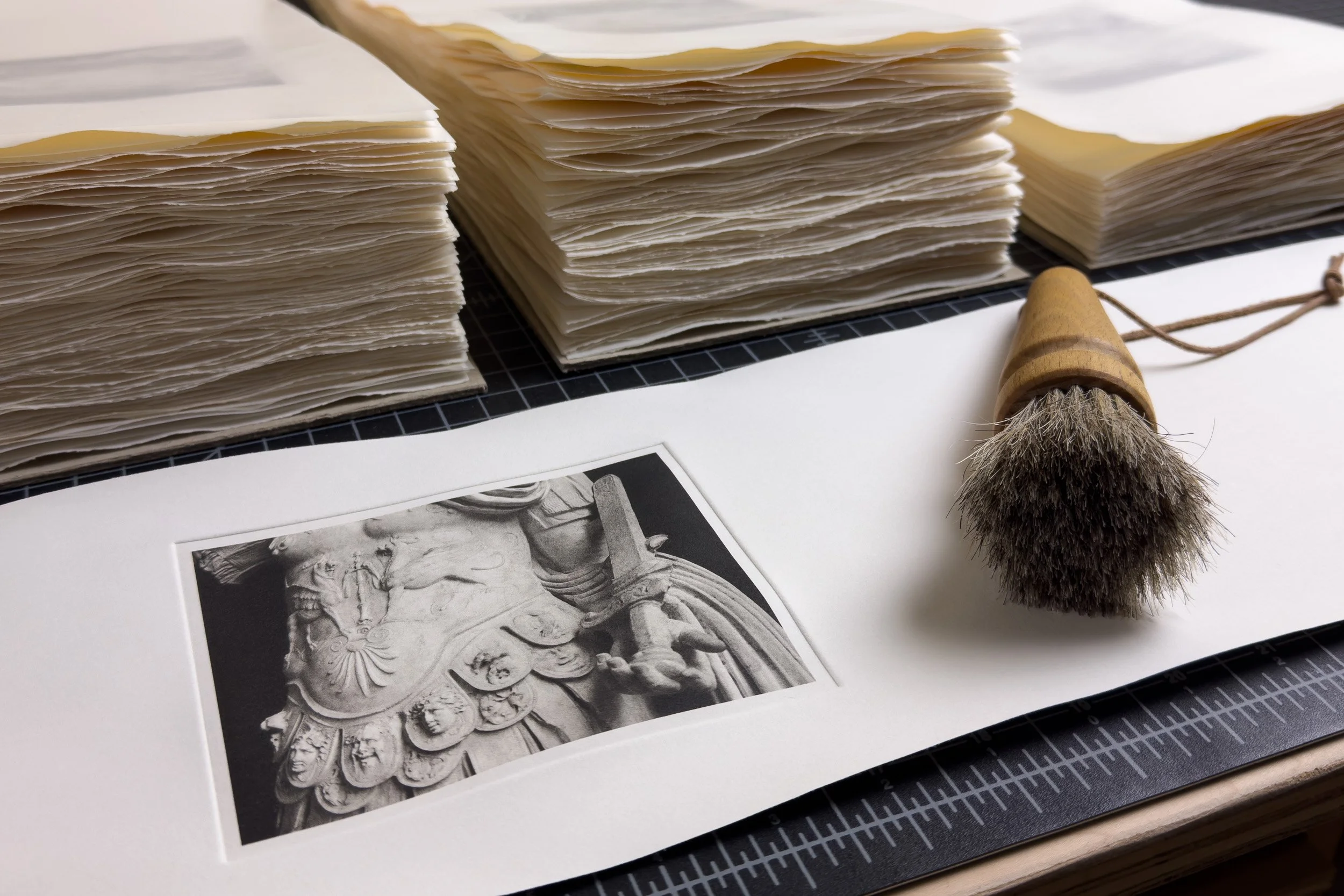 Photogravure print of a sculpture of Marcus Aurelius in the Louvre, Paris.