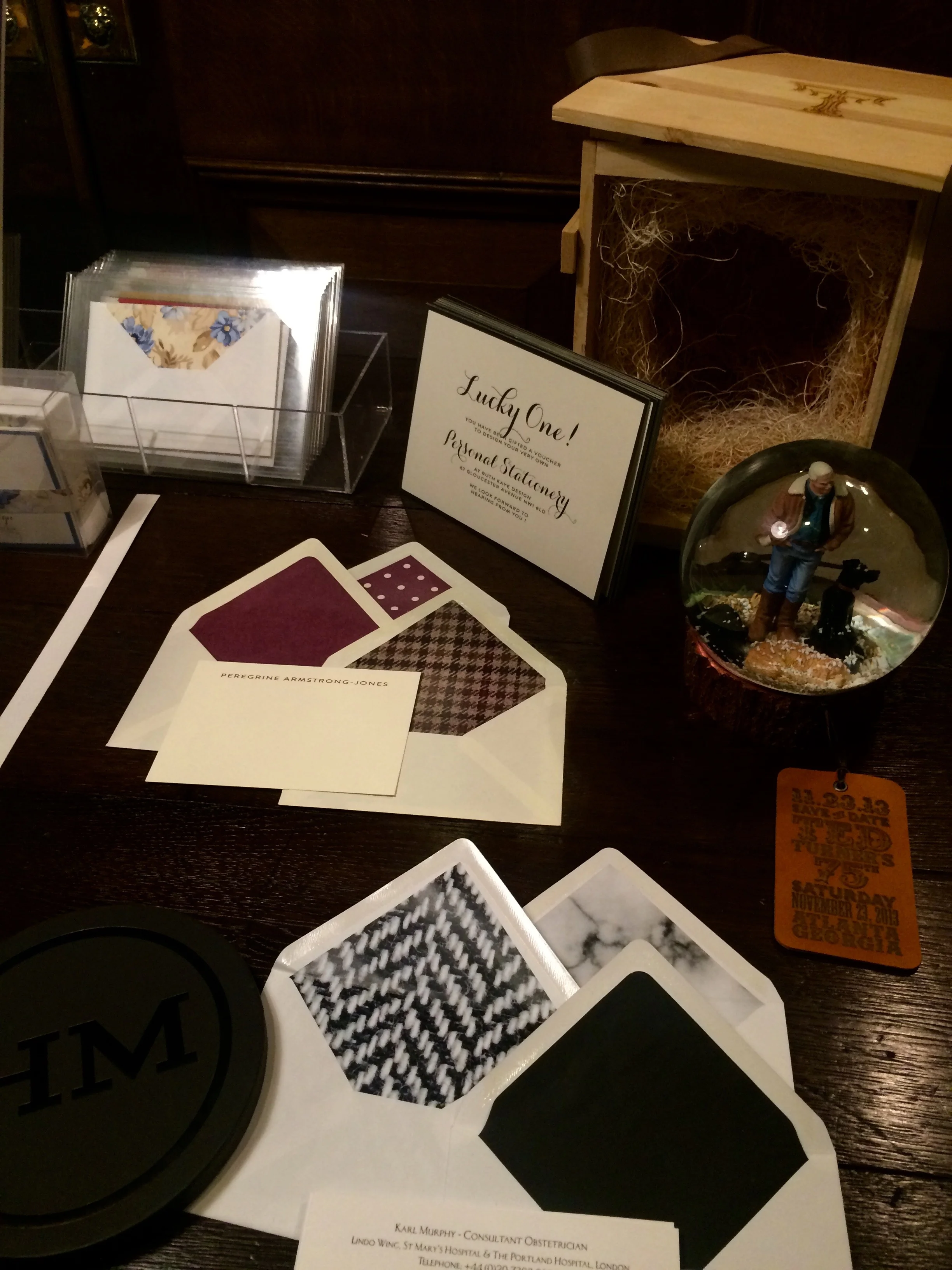 Ruth Kaye stationary and snow globe invitations