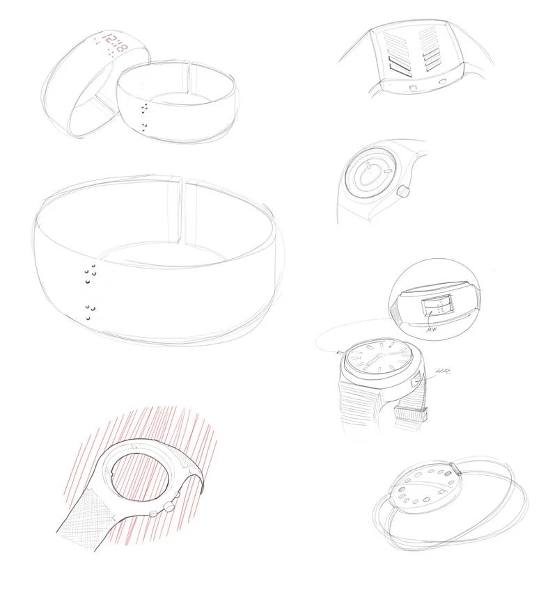 Early process sketches of possible tactile watch designs and arrangements.