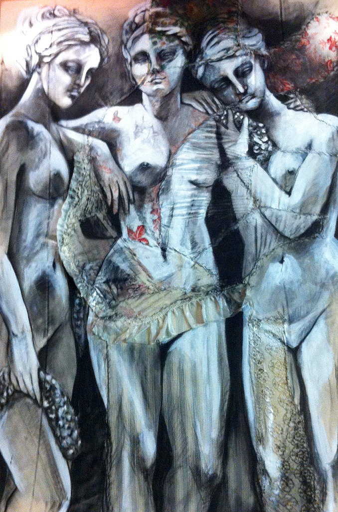 Les Trois Graces (The Three Graces) - Fabric, sheets, stitching, charcoal, mixed media on canvas - 32” x 47” / 80 x 120 cm
SOLD
Normal
0
false
false
false
EN-US
JA
X-NONE
/* Style Definitions */
table.MsoNormalTable
{mso-style-name:"Table Normal";
mso-tstyle-rowband-size:0;
mso-tstyle-colband-size:0;
mso-style-noshow:yes;
mso-style-priority:99;
mso-style-parent:"";
mso-padding-alt:0cm 5.4pt 0cm 5.4pt;
mso-para-margin:0cm;
mso-para-margin-bottom:.0001pt;
mso-pagination:widow-orphan;
font-size:12.0pt;
font-family:"Cambria","serif";
mso-ascii-font-family:Cambria;
mso-ascii-theme-font:minor-latin;
mso-hansi-font-family:Cambria;
mso-hansi-theme-font:minor-latin;
mso-ansi-language:EN-US;
mso-fareast-language:EN-US;}
Normal
0
false
false
false
EN-US
JA
X-NONE
/* Style Definitions */
table.MsoNormalTable
{mso-style-name:"Table Normal";
mso-tstyle-rowband-size:0;
mso-tstyle-colband-size:0;
mso-style-noshow:yes;
mso-style-priority:99;
mso-style-parent:"";
mso-padding-alt:0cm 5.4pt 0cm 5.4pt;
mso-para-margin:0cm;
mso-para-margin-bottom:.0001pt;
mso-pagination:widow-orphan;
font-size:12.0pt;
font-family:"Cambria","serif";
mso-ascii-font-family:Cambria;
mso-ascii-theme-font:minor-latin;
mso-hansi-font-family:Cambria;
mso-hansi-theme-font:minor-latin;
mso-ansi-language:EN-US;
mso-fareast-language:EN-US;}
Normal
0
false
false
false
EN-US
JA
X-NONE
/* Style Definitions */
table.MsoNormalTable
{mso-style-name:"Table Normal";
mso-tstyle-rowband-size:0;
mso-tstyle-colband-size:0;
mso-style-noshow:yes;
mso-style-priority:99;
mso-style-parent:"";
mso-padding-alt:0cm 5.4pt 0cm 5.4pt;
mso-para-margin:0cm;
mso-para-margin-bottom:.0001pt;
mso-pagination:widow-orphan;
font-size:12.0pt;
font-family:"Cambria","serif";
mso-ascii-font-family:Cambria;
mso-ascii-theme-font:minor-latin;
mso-hansi-font-family:Cambria;
mso-hansi-theme-font:minor-latin;
mso-ansi-language:EN-US;
mso-fareast-language:EN-US;}