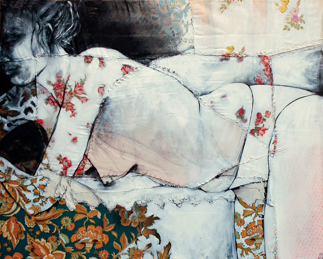 Lea III - Fabric, sheets, stitching, charcoal, mixed media on canvas - 32” x39” / 80 x 100 cm
