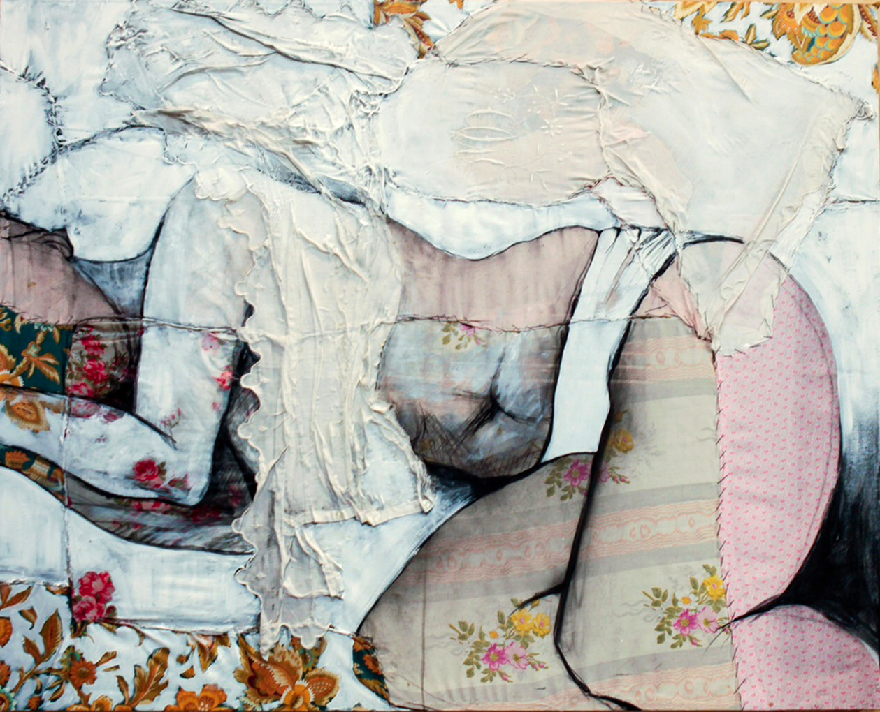   Lea II  - Fabric, sheets, stitching, charcoal, mixed media on canvas - 32” x39” / 80 x 100 cm 