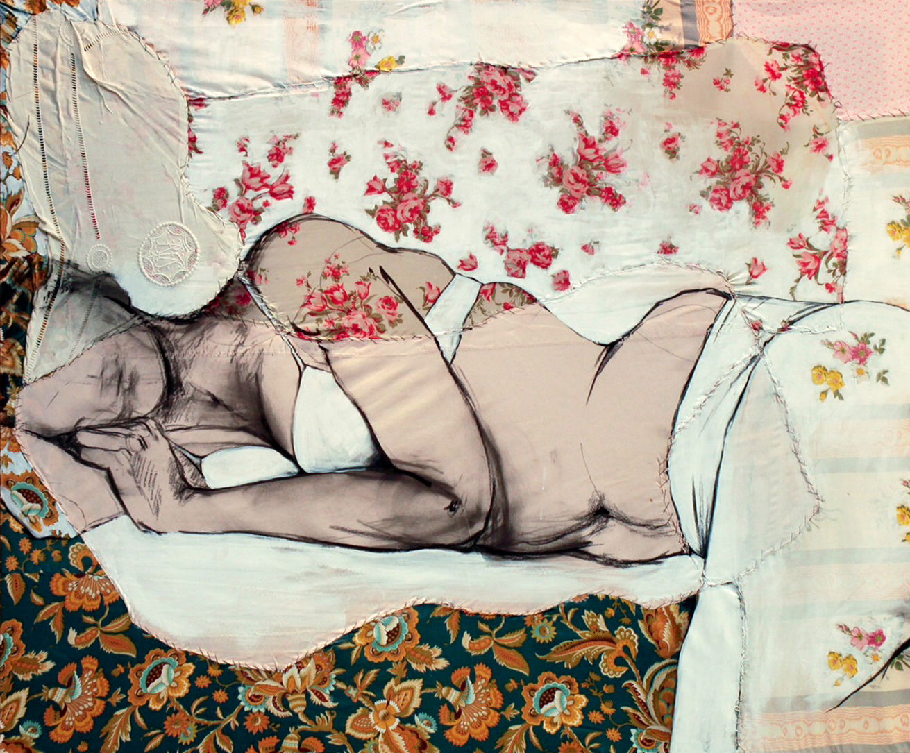   Lea V  - Fabric, sheets, stitching, charcoal, mixed media on canvas - 39” x47” /&nbsp; 100 x 120 cm 