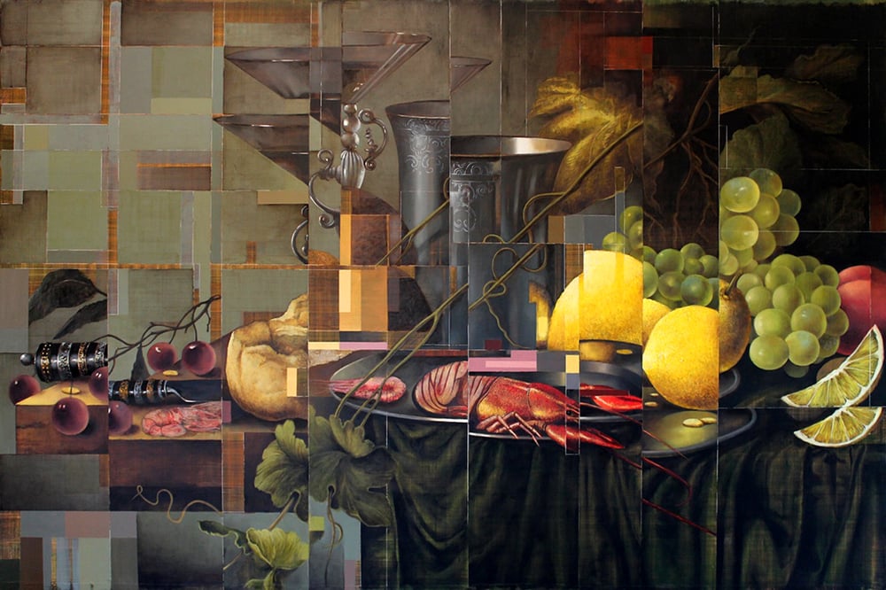   Restructured Still Life with Lemons and Crayfish    - 2015 - Oil on black galvanized metal - 40x60 in. / 102x152 cm.  