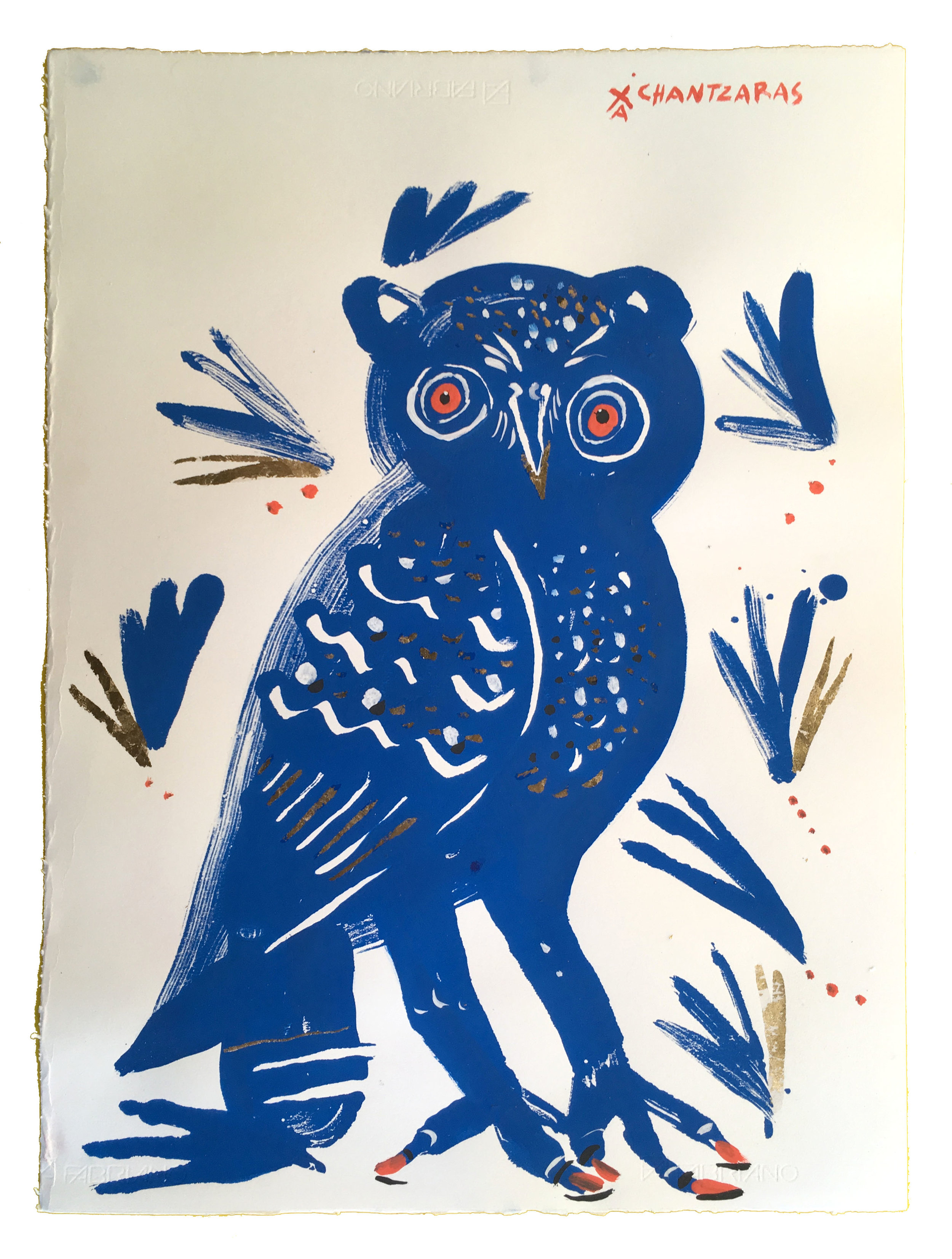   Owl 11 - Blue Arkadios  Acrylic and watercolour on Fabriano paper, Unique Artwork: 30” x 24” / 76x 60 cm - custom white box frame 