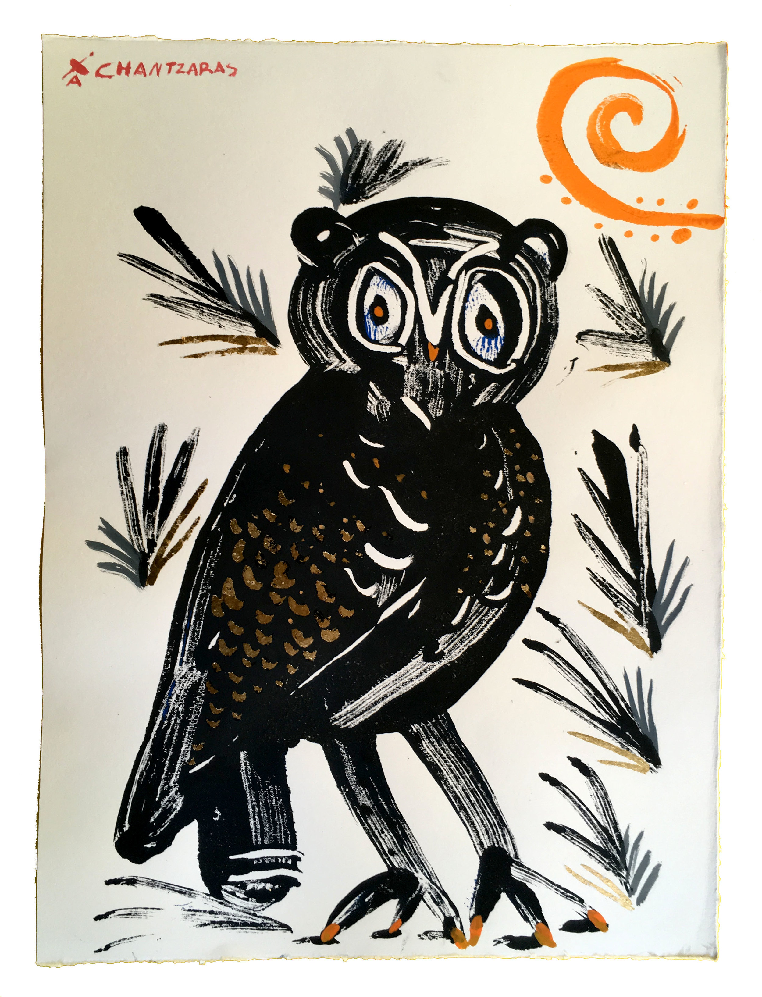   Owl 10 - Black Philo  Acrylic and watercolour on Fabriano paper, Unique Artwork: 30” x 24” / 76x 60 cm - custom white box frame 