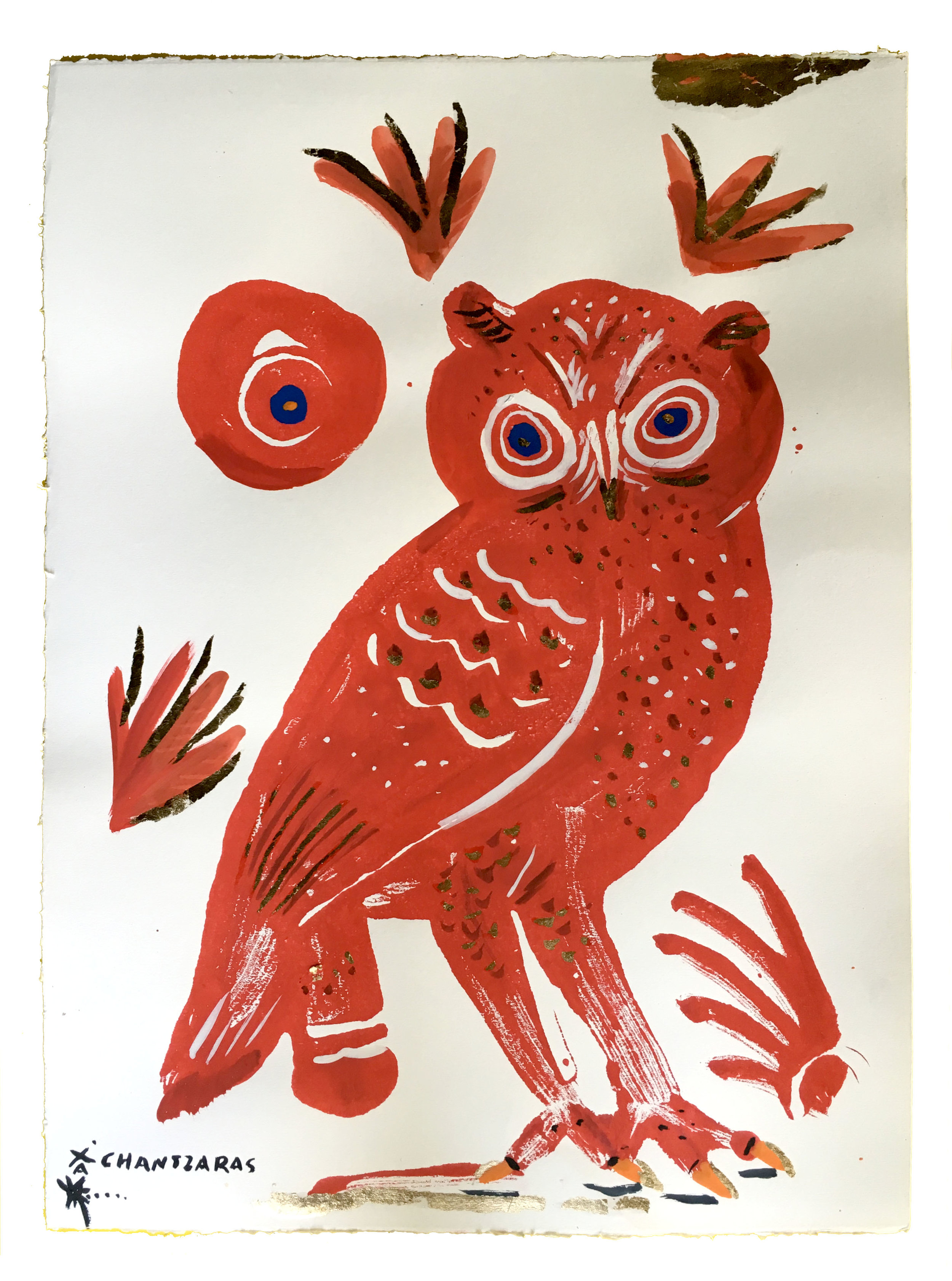   Owl 13 - Red Zoe  Acrylic and watercolour on Fabriano paper, Unique Artwork: 30” x 24” / 76x 60 cm - custom white box frame 