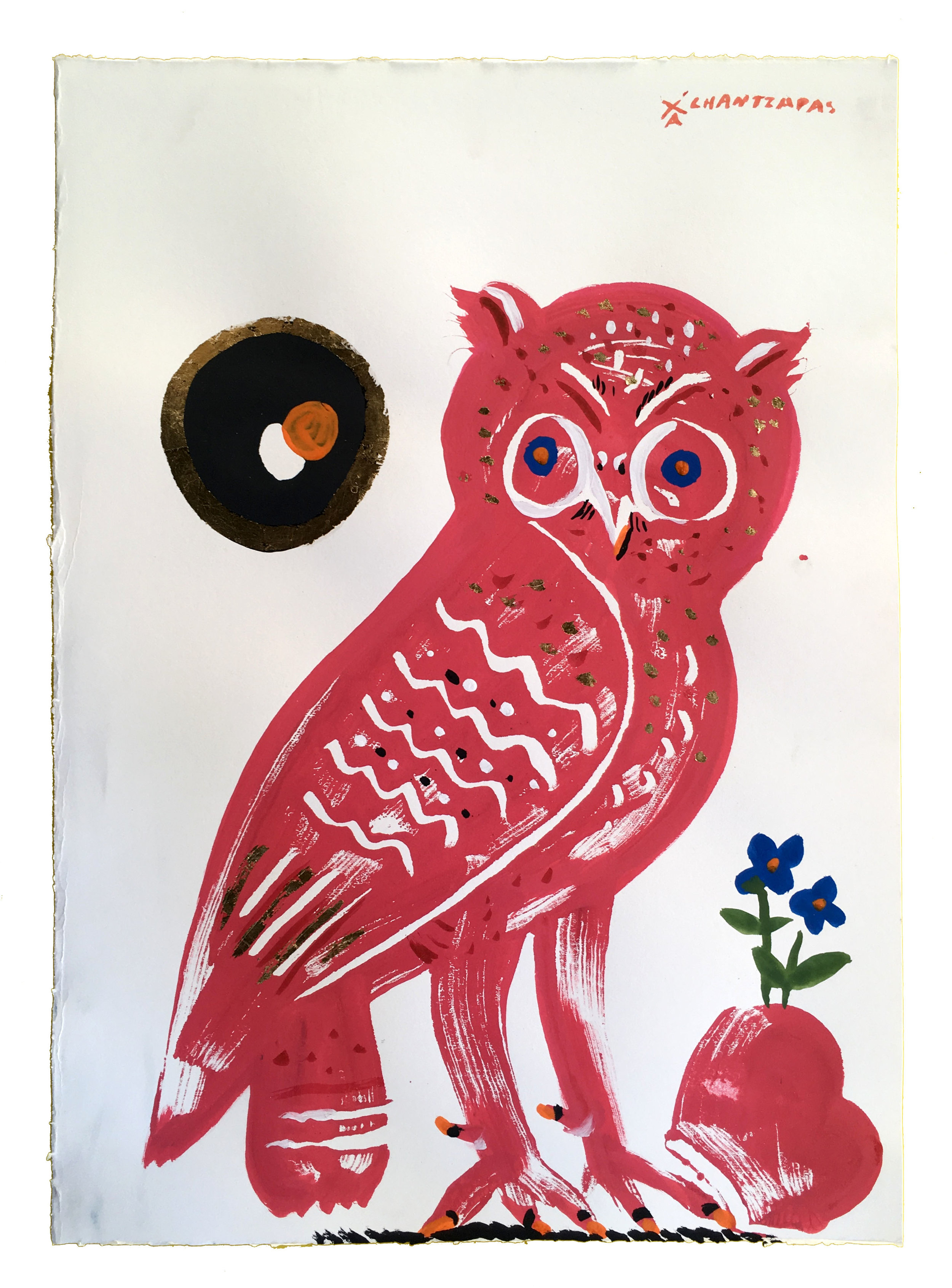   Owl 12 - Red Eirene  Acrylic and watercolour on Fabriano paper, Unique Artwork: 30” x 24” / 76x 60 cm - custom white box frame 