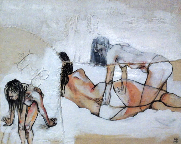 Garance Grand Format I - Fabric, sheets, stitching, charcoal, mixed media on canvas - 16 x 20 in / 40 x 50 cm