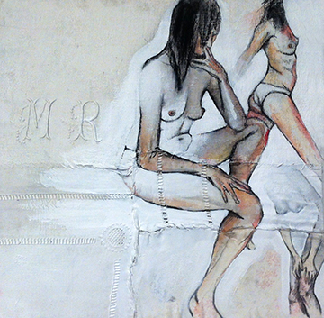   Garance Grand Format II  - Fabric, sheets, stitching, charcoal, mixed media on canvas - 16 x 16 in / 40 x 40 cm 