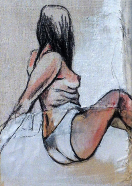   Garance Petit Format I  - Fabric, sheets, stitching, charcoal, mixed media on canvas - 8 x 6 in / 20 x 15 cm 