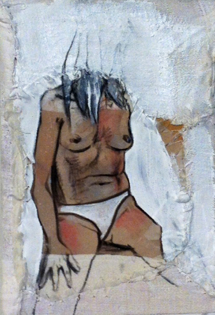   Garance Petit Format II  - Fabric, sheets, stitching, charcoal, mixed media on canvas - 8 x 6 in / 20 x 15 cm 
