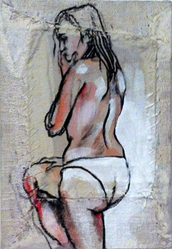 Garance Petit Format III - Fabric, sheets, stitching, charcoal, mixed media on canvas - 8 x 6 in / 20 x 15 cm