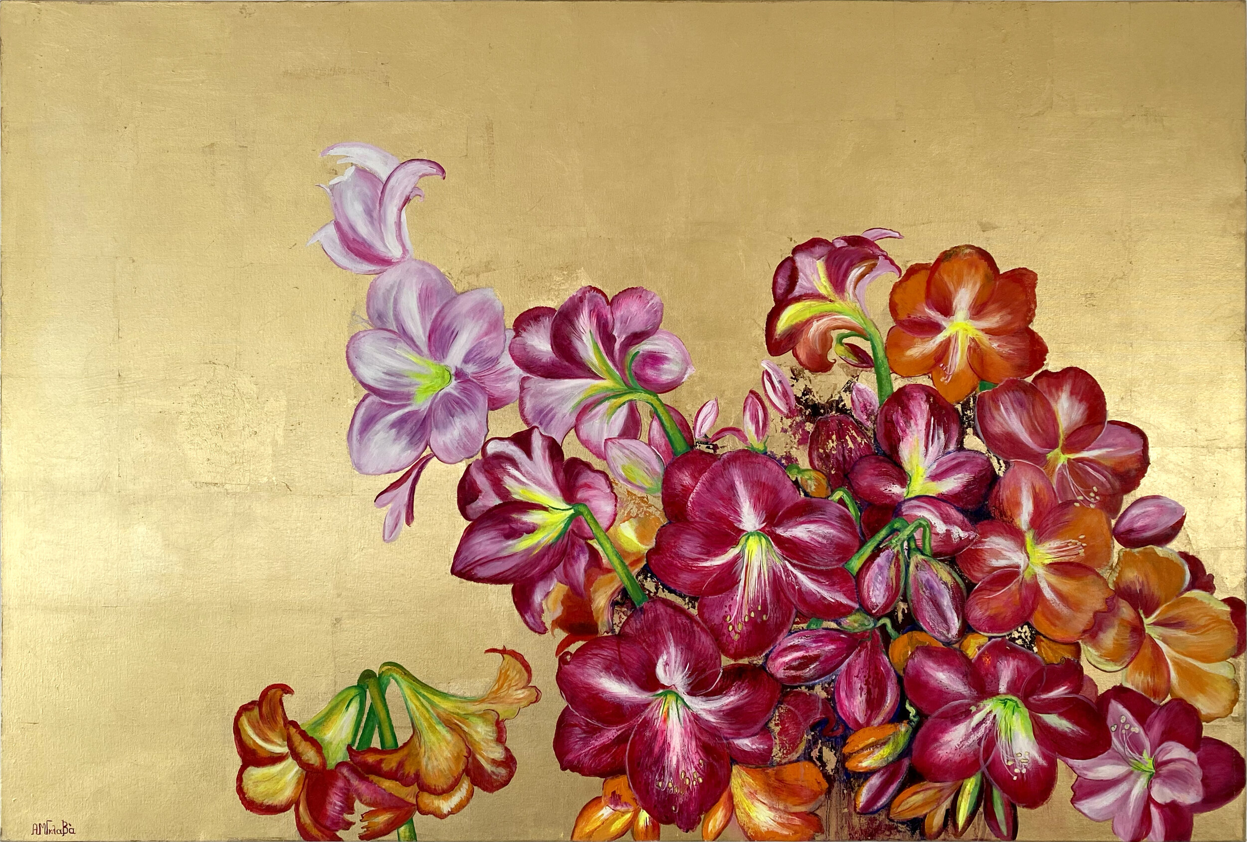  Anastasia Gklava - Lilies in the Valley - Oil and gold leaf on canvas - Dim: 39 x 59 in / 100 x 150 cm 